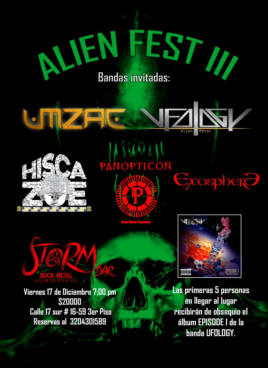 UFOLOGYBAND's tweet photo. Los esperamos en nuestro acostumbrado #alienfest 🇨🇴👽🤘🏻
#ufologyband #bandacolombiana #MetalColombiano #alienmetalmusic https://t.co/X7LG4NzRUr