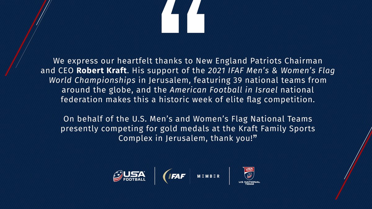 USAFootball's tweet photo. We wanted to show our gratitude towards @Patriots Chairman and CEO Robert Kraft on his support for the 2021 Men & Women's Flag Football World Championships.
Learn more about the championship at https://t.co/w9smx1Bycz
@IFAFMedia @AfiIsrael #usallin #flagfooball https://t.co/YXbMWJSwpU
