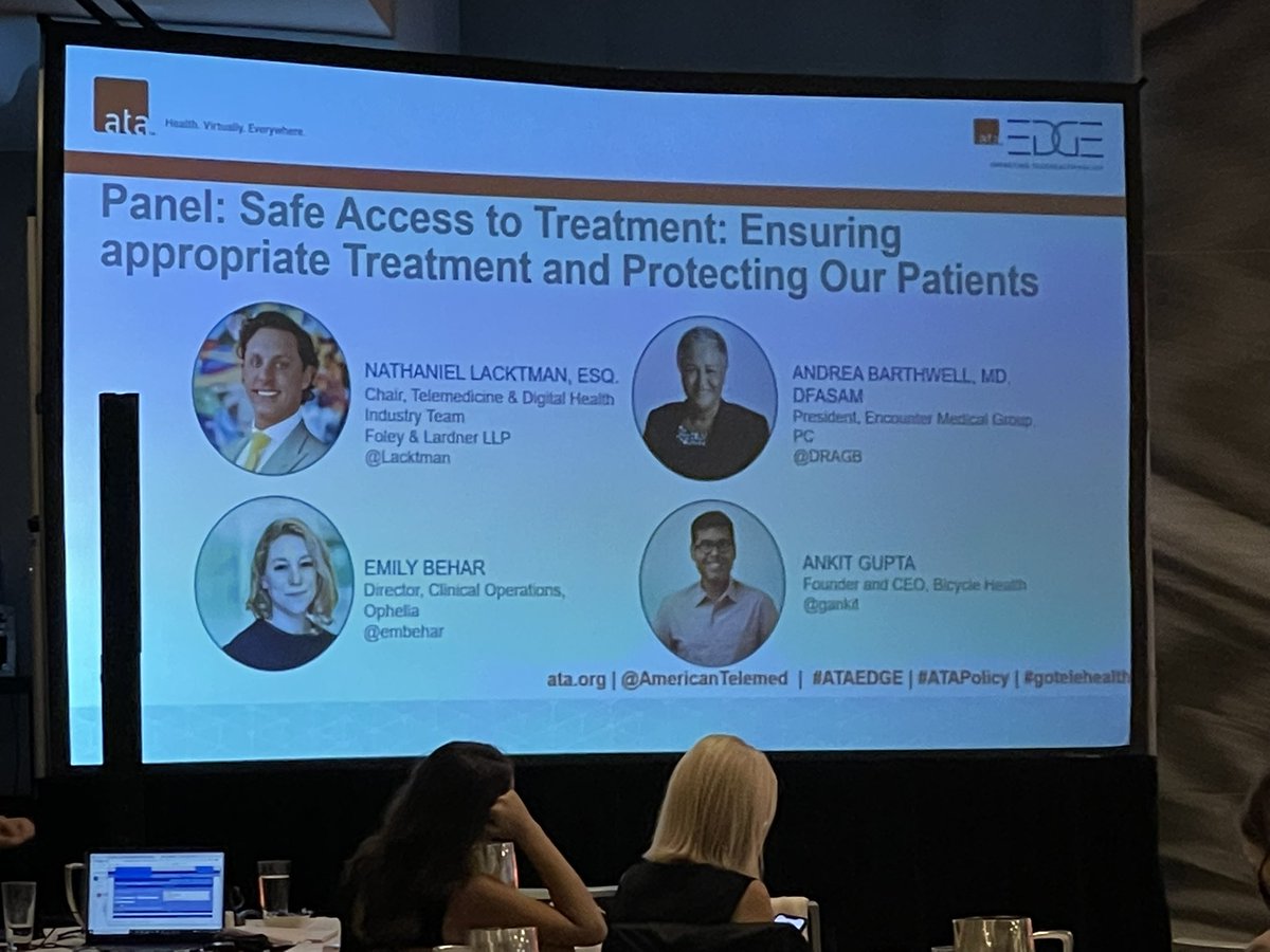 arwmd's tweet photo. Safe access panel at #ATAedge. Moderator the one and only @Lacktman
With @DrAGB @ZarkGray @gankit
Discussing the Ryan Haight Act.
Ophelia and Bicycle Care
#ATAedge #gotelehealth #ATApolicy
#TelemedNow https://t.co/QIV499m5rB