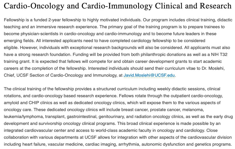 Excited about the @UCSF #CardioOnc fellowship. We will be looking for A+ candidates for 2022. Looking to train the next generation of physician-scientists in this space! @MandarArasMD @baik_alan @datsunian @ICOSociety @LorenzLehmann @rudolf_deboer ucsfhealthcardiology.ucsf.edu/patient-care/c…