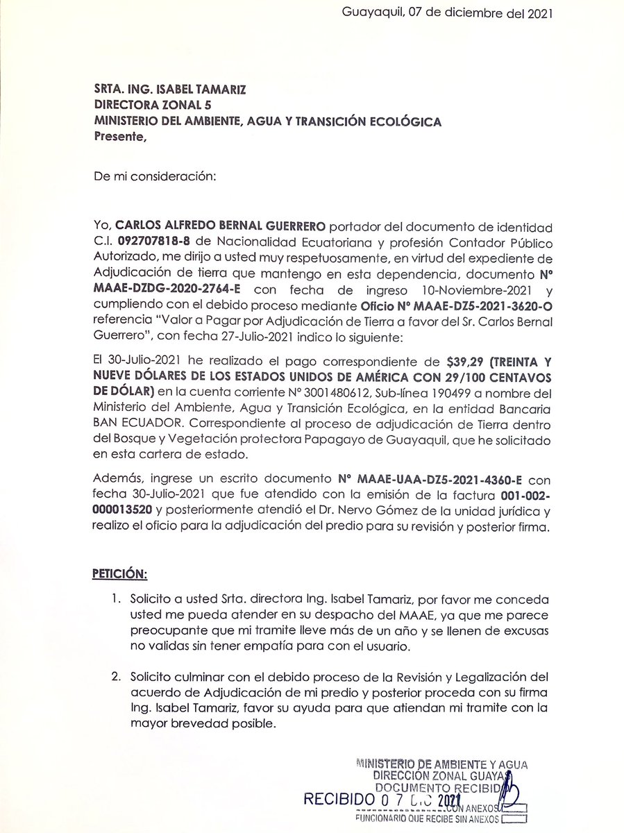 CarlosBernalG_'s tweet photo. @GustavoManriq_M Estimado Ministro favor su ayuda, en @Ambiente_Ec llevo más de 1 año tramitando adjudicación de mi predio, hace 5 meses deposite al MAEE y aún no firman la adjudicación @isabel_tamariz vengo martes y jueves, nunca hay Quipux, su secretaria no me quiere atender. https://t.co/vjcmR4CT1b