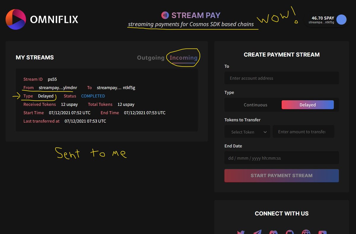 x1knet's tweet image. Just did a short test of @OmniFlixNetwork Streaming payment system being developed at #HackAtomVI.
Clean interface. Can set live streaming/continuous payment or delayed.
Success with both Sending and Receiving. It's Fast
Creators paid using the @cosmossdk
Thx @svabhishek