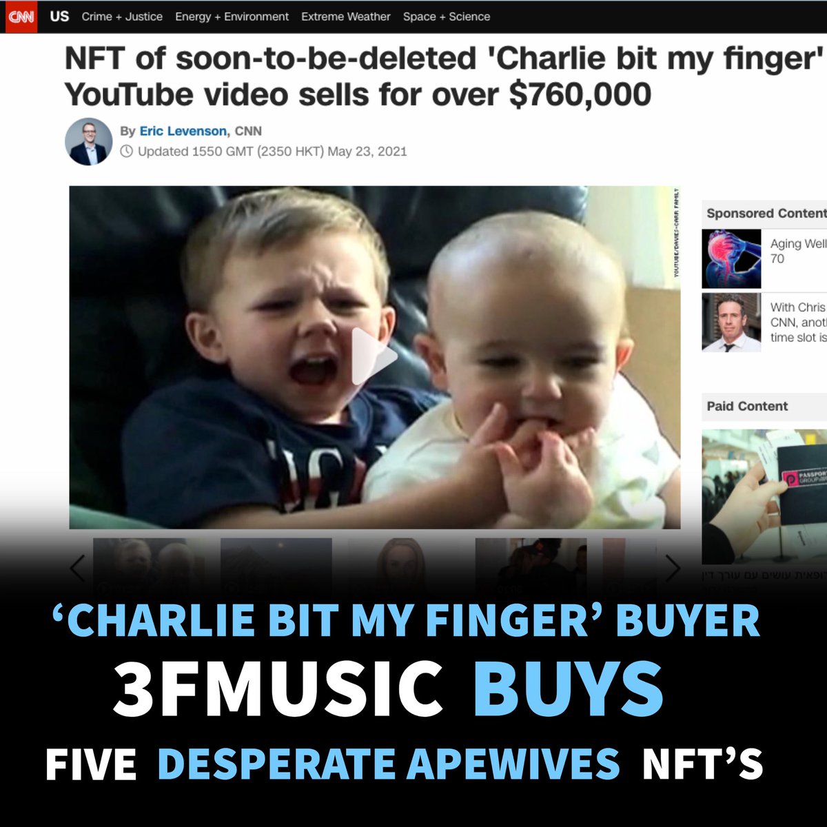 DApeWives's tweet photo. ‘Charlie bit my finger’ Buyer, @3fmusic now owns Desperate Apewives #1215 #2455 #4878 #5493 and #19
-
The memorable YouTube video "Charlie bit my finger," one of the most viewed videos in the website's history, was auctioned off as an NFT, on Sunday for $760,999
-
#nfts #nft https://t.co/0iN8hshjZP