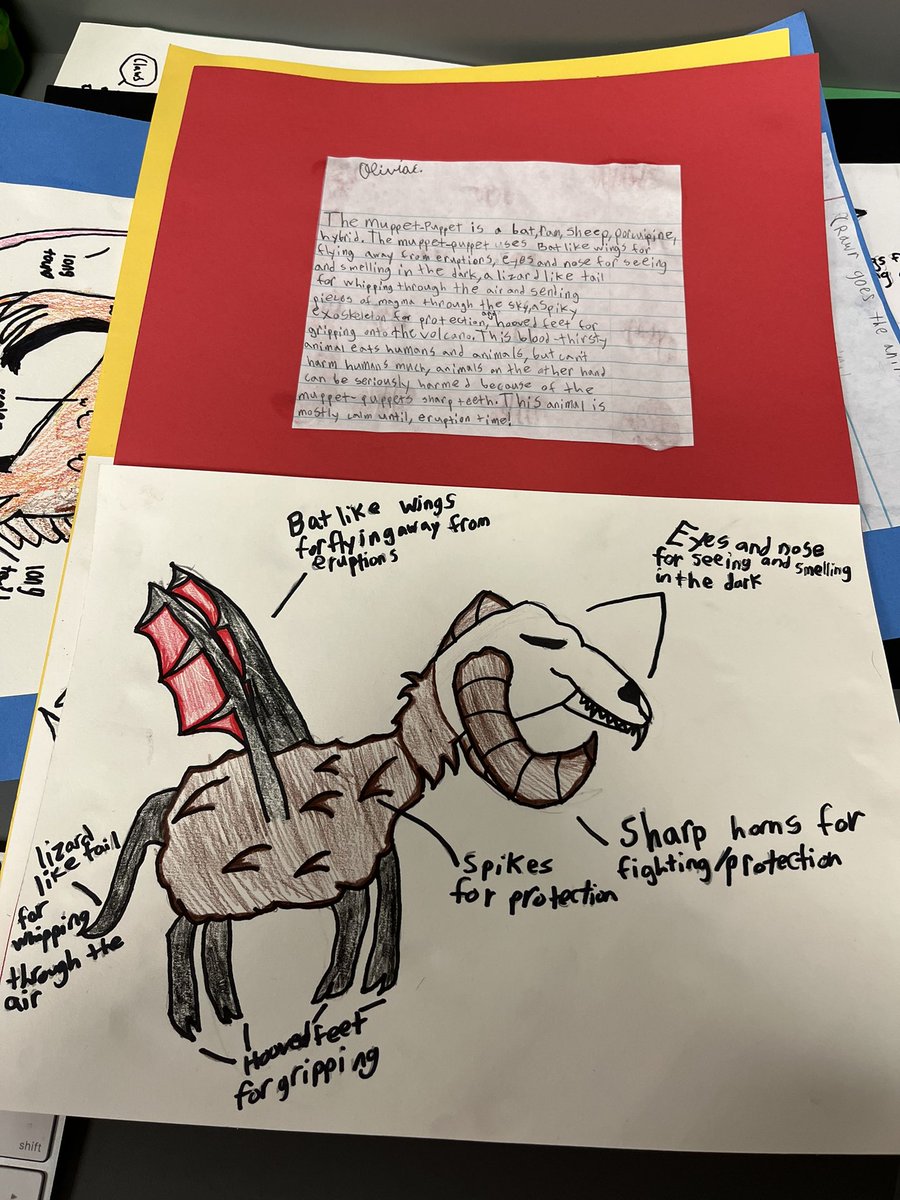 KimMossGT's tweet photo. Some of our design thinking projects at @MtPeak_Elem They studied animal adaptations &amp; behaviors and created animals that could survive in a volcano! https://t.co/oW5ggUecH3