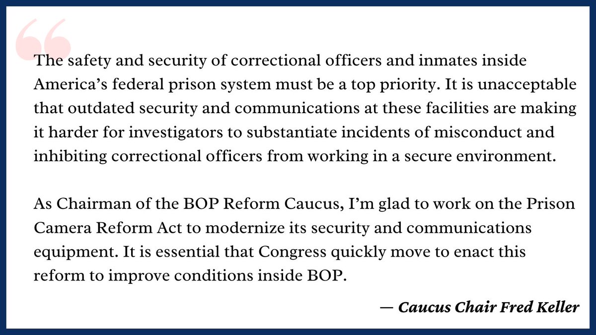 BOPReformCaucus's tweet photo. @BOPReformCaucus Chair Fred Keller joined Congresswoman Lucy McBath in introducing the Prison Camera Reform Act to address critical deficiencies pertaining to surveillance and communication equipment used in federal prisons. 

Chair Keller’s statement: https://t.co/SJipaohA74