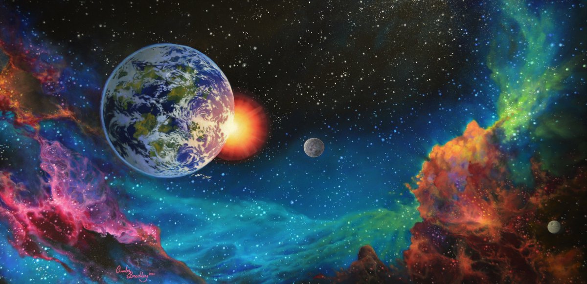 AmbzEasel's tweet photo. Sold! "SpacEscape"
 24" x 48" Oil on Stretched Canvas
Look carefully to see the Star Wars elements in this piece...a last minute addition for a very happy client. :)
#art #artwork #artist #painting #oilpainting #space #spacepainting #spaceart #spaceartwork #nebula #planet https://t.co/y5KEFOWtbU