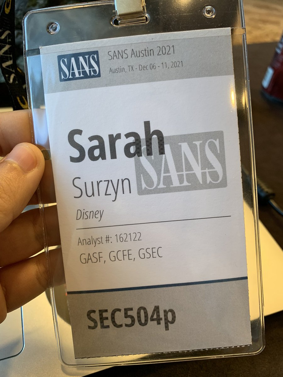 SarahSurz13's tweet photo. I feel so proud looking at my badge today 🤓 I remember getting my first one and it was just so bare. Look at me now 🤩 #sans #sansaustin2021 #sec504 #for585 #for500 #sec401 https://t.co/dYo9HOQ3kp