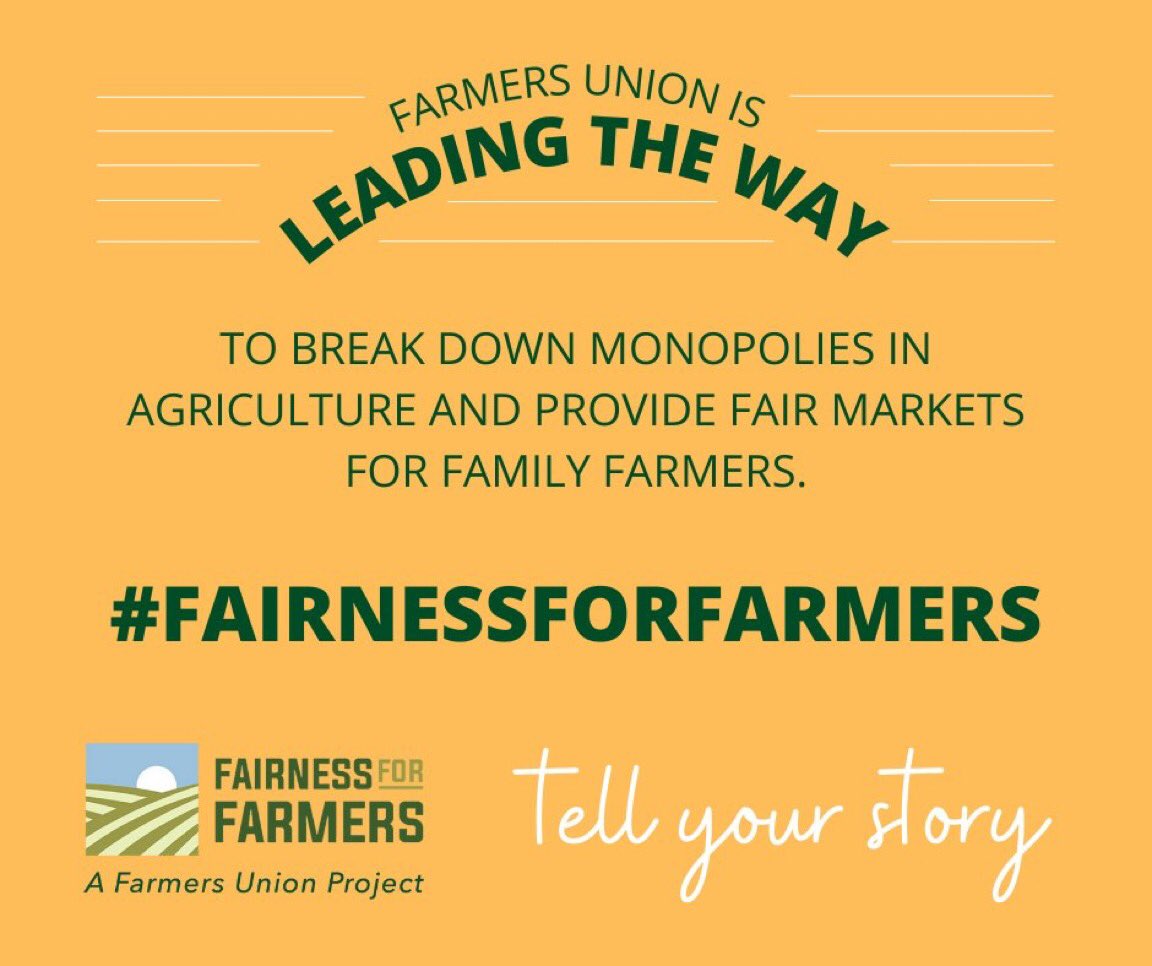 Missouri Farmers Union backs #FAIRNESSFORFARMERS.

Corporate consolidation hurts farmers & consumers.

Consumers see rising food prices.

Farmers face rising costs for inputs/repairs & lack market access to sell what they grow. 

Tell your story:  www.nfu/fairness-for-farmers