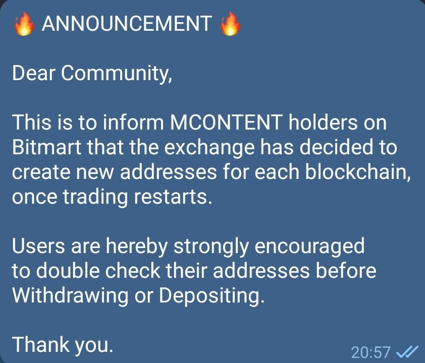 Comms_MContent's tweet photo. @MContent_ @MContentArmy @BitMartExchange @BitMartResearch @anndylian @Tariqnaseer1983
Bitmart has the following announcement for when they reopen trading after their recent mishap. https://t.co/gvOXIJf2I5