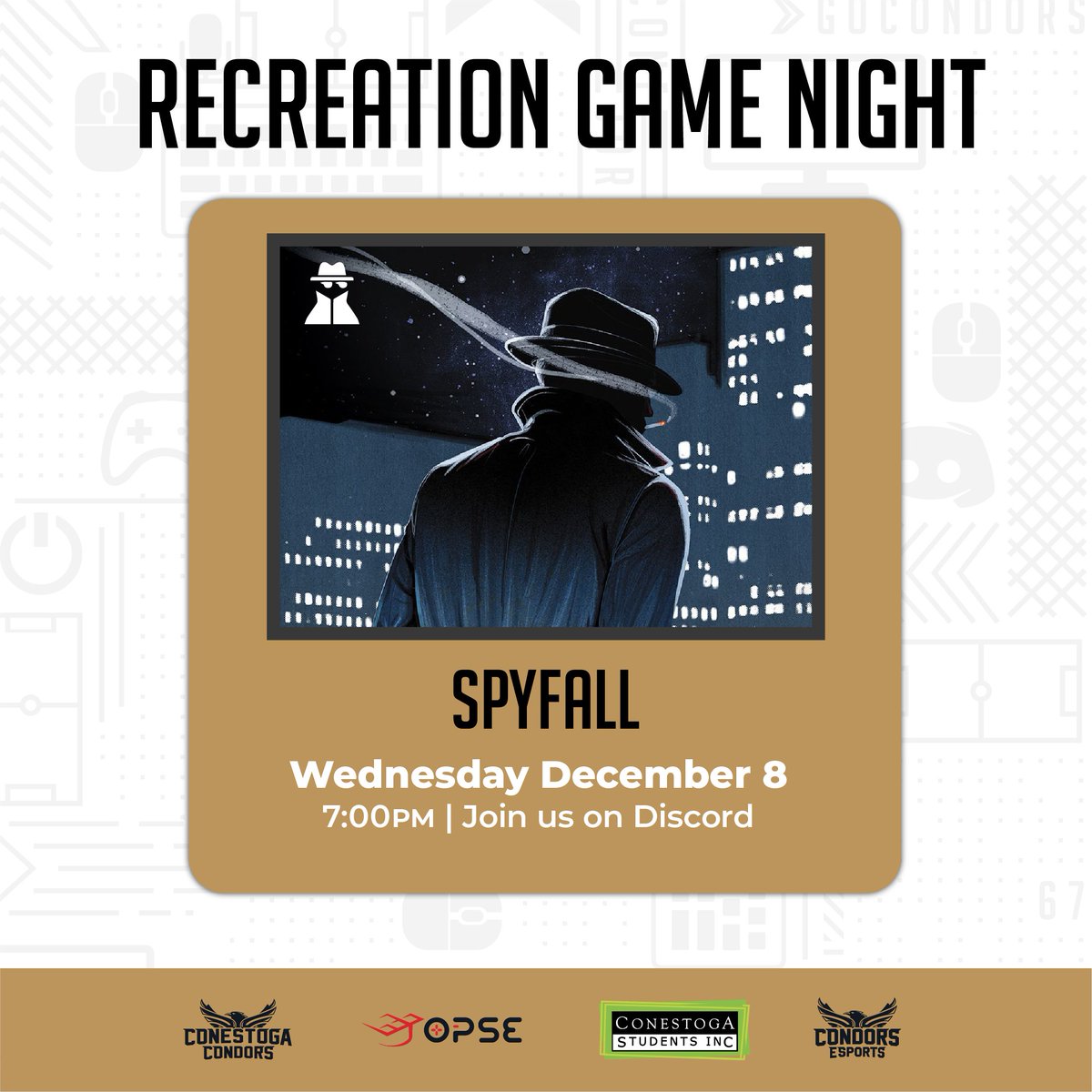 condorsesports's tweet photo. For Rec Game Night we have Spyfall. Put your detective skills to the test to oust the spy. Join us for the inevitable shenanigans and prizing that's up for grabs.
🎮 Spyfall
⏰ 7:00pm Wed
Discord in bio
#GoCondors #CondorCrew #RGN #Prizing
@CC_Condors @CStudentsInc https://t.co/PkMCVxJM3Y