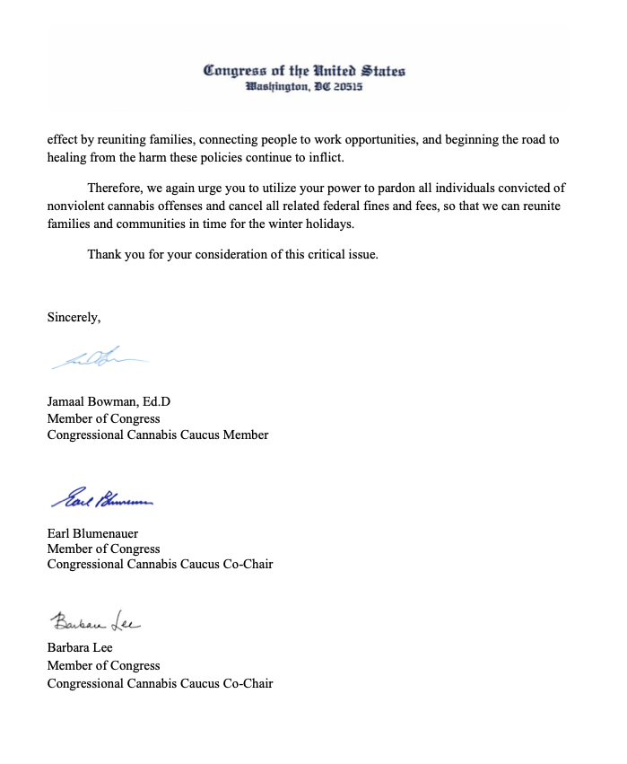 RepBowman's tweet photo. Our justice system has failed people with nonviolent cannabis convictions and has wrongfully made them out to be criminals. 

@RepBarbaraLee, @repblumenauer and I wrote a letter to @POTUS requesting that he pardon these convictions and cancel any related fees or fines. https://t.co/cVW9t3Qffh