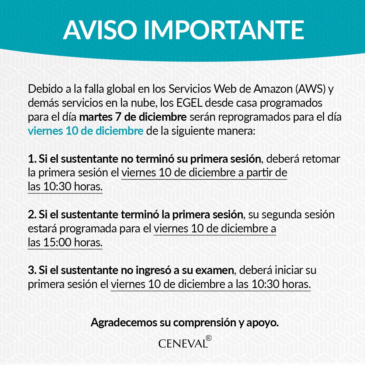 DES_BUAP's tweet photo. Aviso Importante para los Sustentantes del EGEL Diciembre 2021 https://t.co/Rh7CEl0fQP