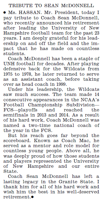 SenatorHassan's tweet photo. Coach Mac served as @UNH_Football's coach for 23 seasons — inspiring and motivating countless students. I was proud to honor his incredible legacy in the official Congressional Record. https://t.co/lT0xKEjEHS