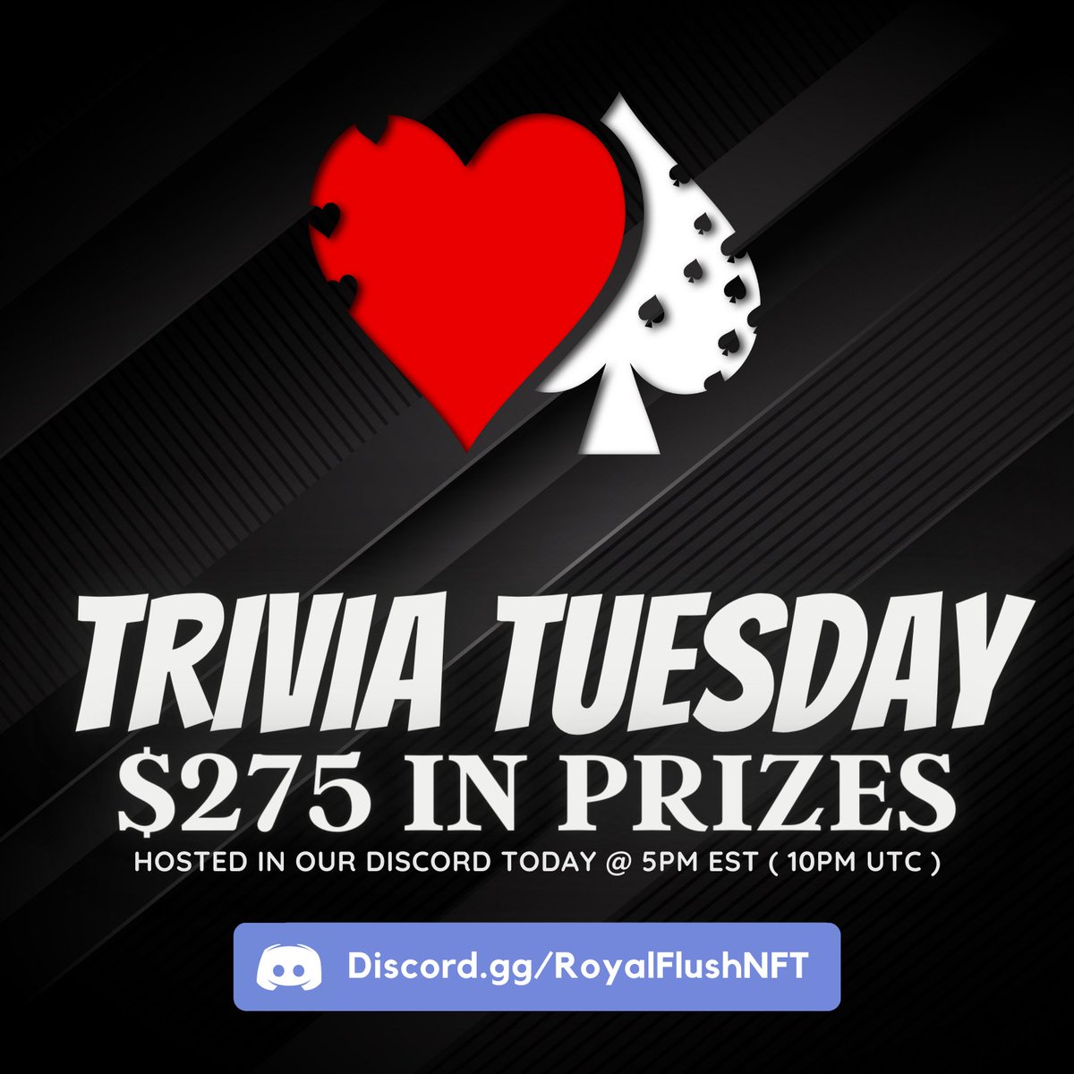 Join us today at 5PM EST (10PM UTC) for Trivia Tuesday where we will be giving away a total of $275 in BNB as well as WHITELIST spots to everyone who is the first to answer the questions correctly. (1 HOUR REMAINING!)

discord.com/channels/38268…

#RoyalFlushNFT #Trivia #Tuesday #NFT