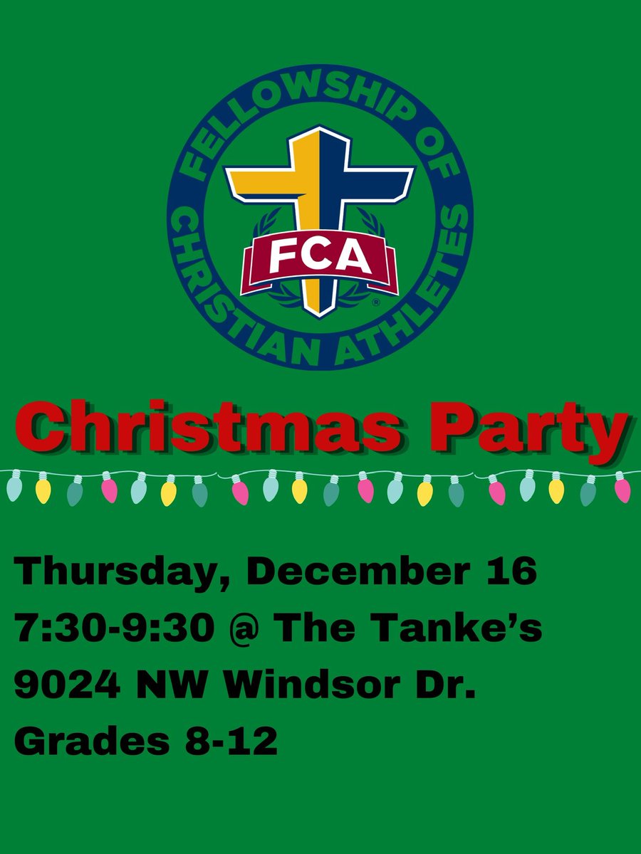 Head over to the Tanke household next Thursday for our annual Christmas party! There will be treats games and a great speaker. All grades 8-12 are welcome.