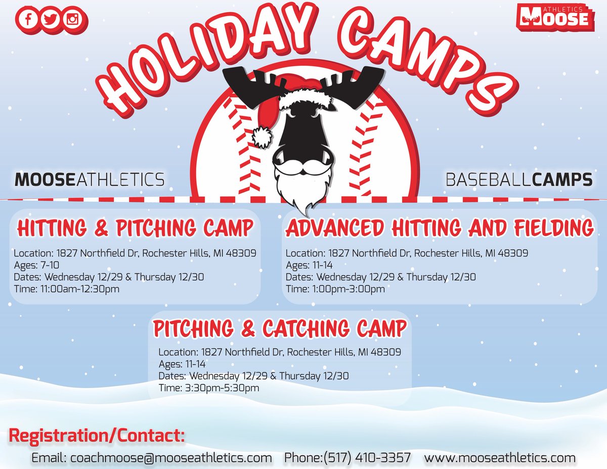 🚨HOLIDAY CAMPS ARE BACK🚨

The holidays are here and so are the moose athletics holiday camps! The off-season is ramping up, stay ahead of the competition by developing your skills this holiday season with Moose Athletics. 

Signup on mooseatheltics.com