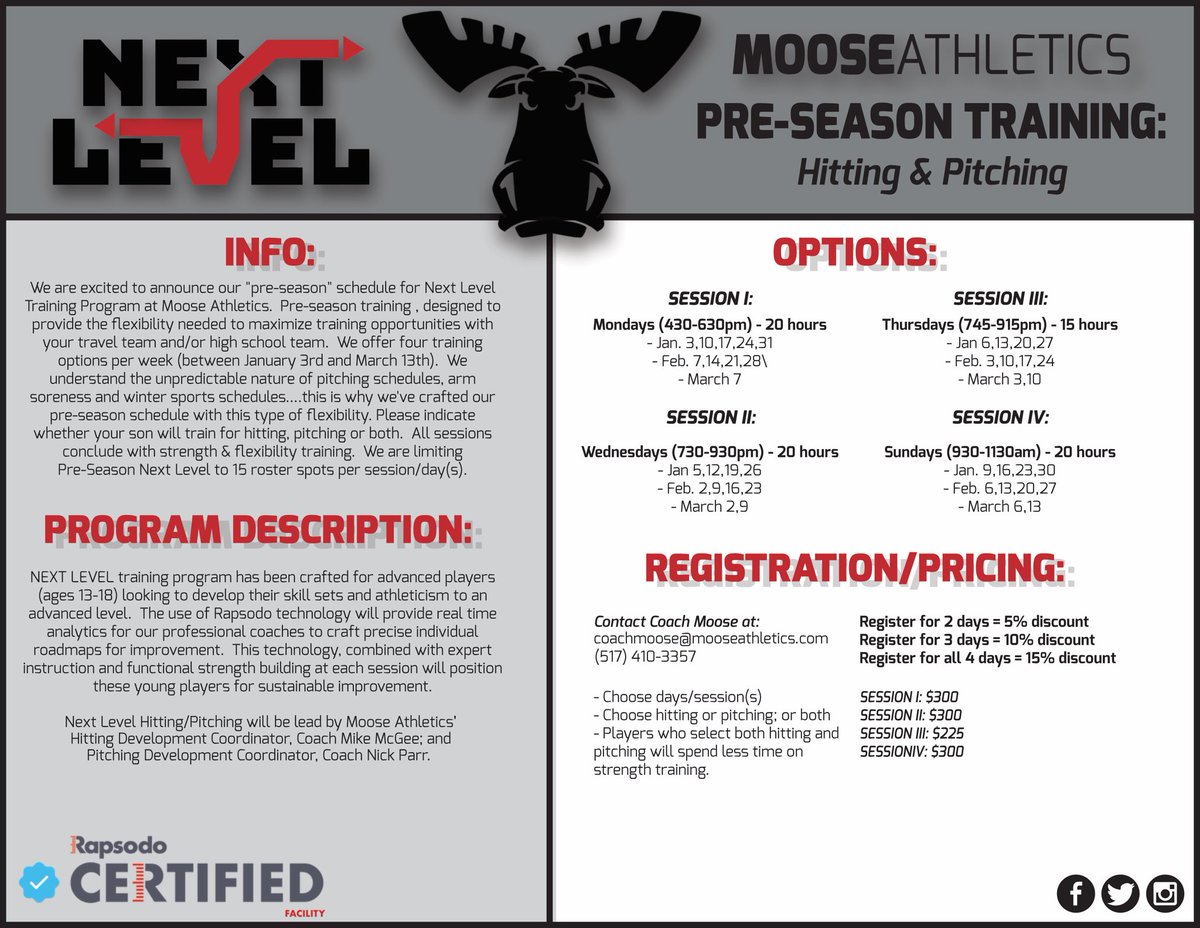 Our first New Next Level program has been an incredible experience for our kids and coaches! Our second NL program signups are available now on our website at mooseathletics.com

Don’t miss your opportunity to become the best player you can be with our new 3 month program!