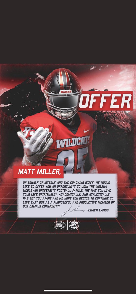 Mattmllle64's tweet photo. Blessed to receive my first offer from Indiana Wesleyan University thank you @CoachTraz  and the rest of the coaching staff for this great opportunity. https://t.co/zbZ4qYMxZ2