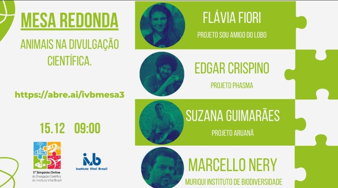 Na dia 15/12 abriremos o Simpósio de Divulgação Científica falando sobre projetos de divulgação científica envolvendo animais.

E estes são nossos incríveis convidados e os projetos que eles representam.