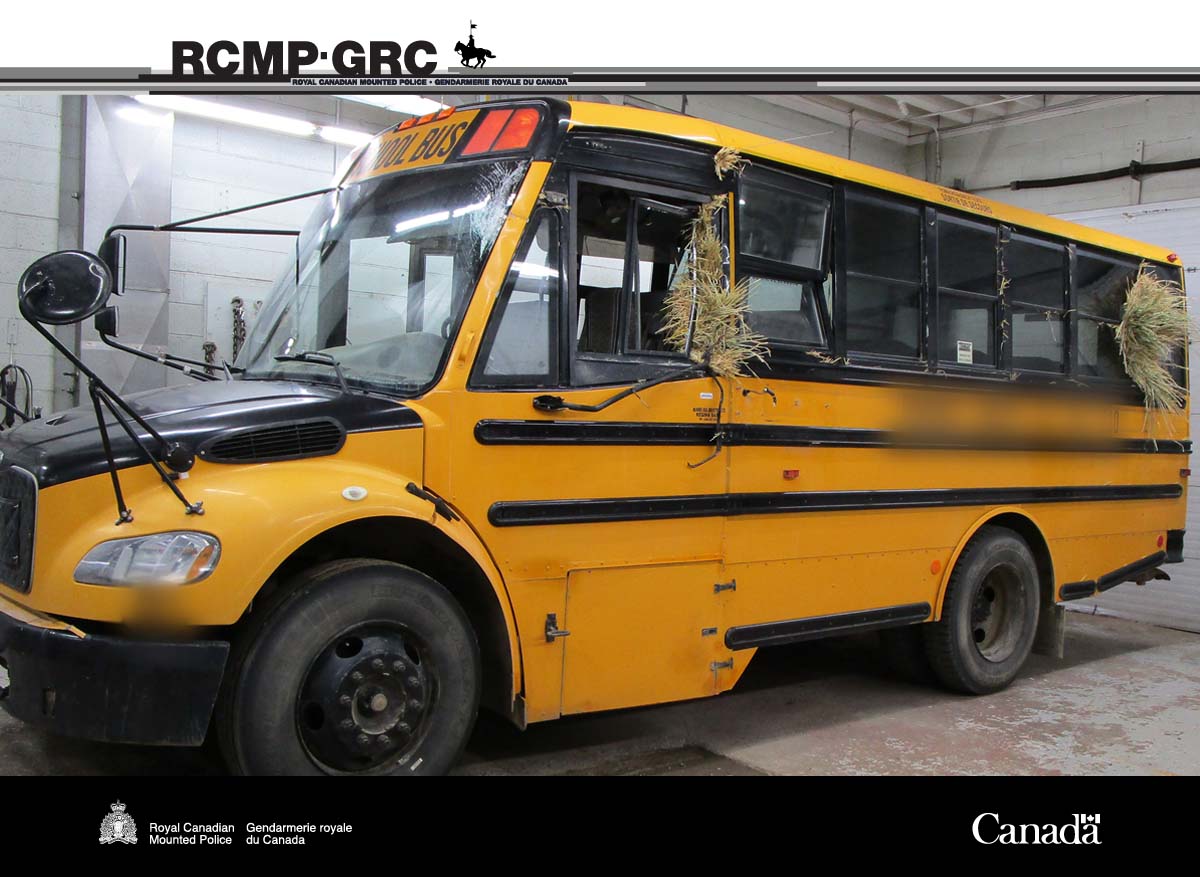 Semi-truck hauling hay collides with school bus near Flintoft - rcmp-grc.ca/101343 ^km