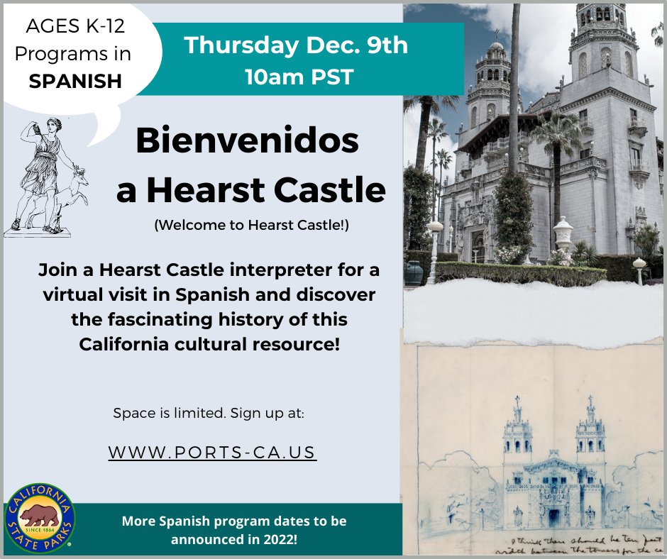 Hearst Castle (@hearstcastleshm) on Twitter photo Join us Thursday Dec. 9th at 10am for a virtual visit in Spanish at Hearst Castle!
<a href="/portsprogram/">CA State Parks PORTS Program</a>
<a href="/HearstCastleSHM/">Hearst Castle</a>
<a href="/CAStateParks/">CA State Parks</a>
Pre-registration is required.
ports-ca.zoom.us/webinar/regist… Join us Thursday Dec. 9th at 10am for a virtual visit in Spanish at Hearst Castle!
<a href="/portsprogram/">CA State Parks PORTS Program</a>
<a href="/HearstCastleSHM/">Hearst Castle</a>
<a href="/CAStateParks/">CA State Parks</a>
Pre-registration is required.
ports-ca.zoom.us/webinar/regist…