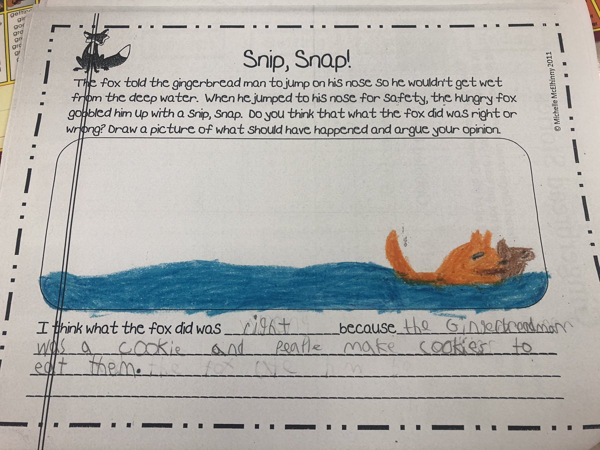 jfishmancce12's tweet photo. Was it right or wrong for the fox to eat the gingerbread man? I don’t know but my students do!  I am so impressed with their writing and check out their illustrations!  #gingerbreadweek https://t.co/BOjuJutgIU