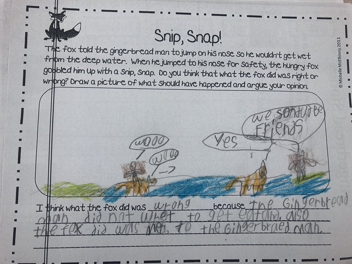 jfishmancce12's tweet photo. Was it right or wrong for the fox to eat the gingerbread man? I don’t know but my students do!  I am so impressed with their writing and check out their illustrations!  #gingerbreadweek https://t.co/BOjuJutgIU