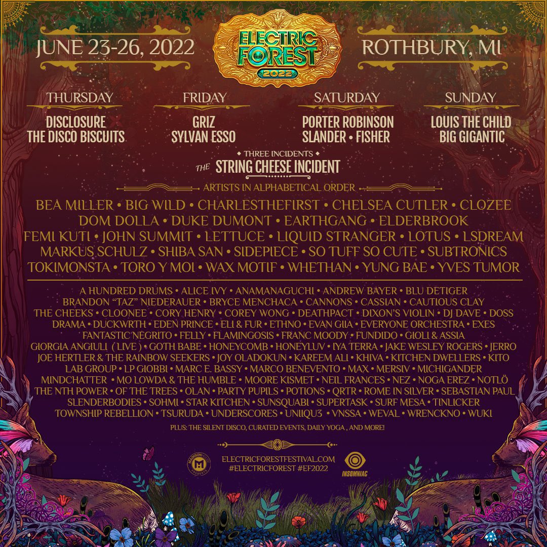 TheFestiveOwl's tweet photo. .@Electric_Forest reveals 2022 lineup: @Disclosure, @GRiZ, @PorterRobinson + more. https://t.co/8eKnq2ZWYt