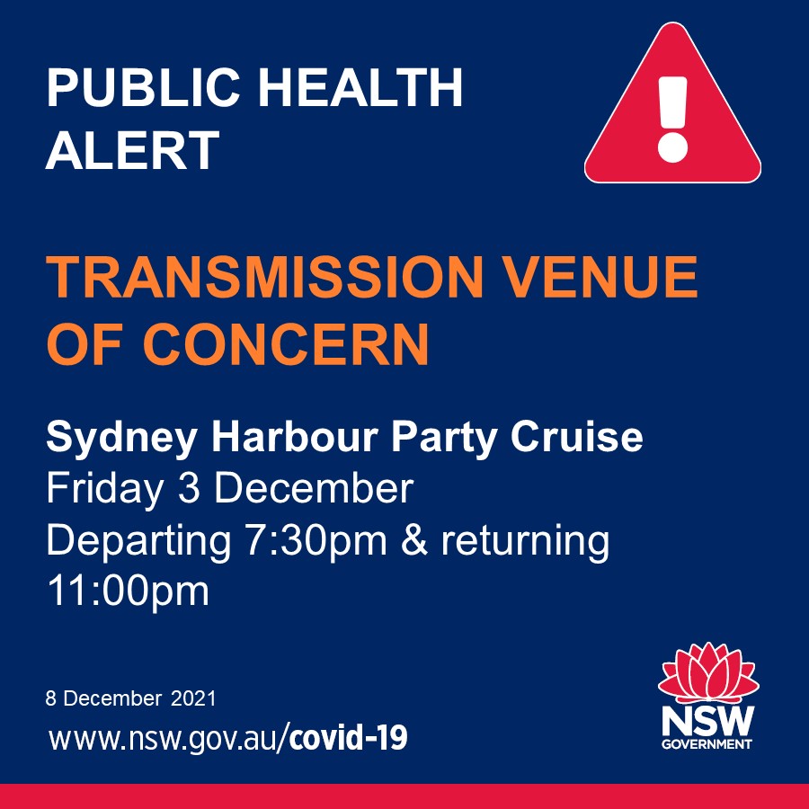 PUBLIC HEALTH ALERT: SYDNEY HARBOUR PARTY CRUISE NSW Health can confirm 5 people who attended a party boat cruise on Sydney Harbour on the evening of Friday 3 December have tested positive to #COVID19.