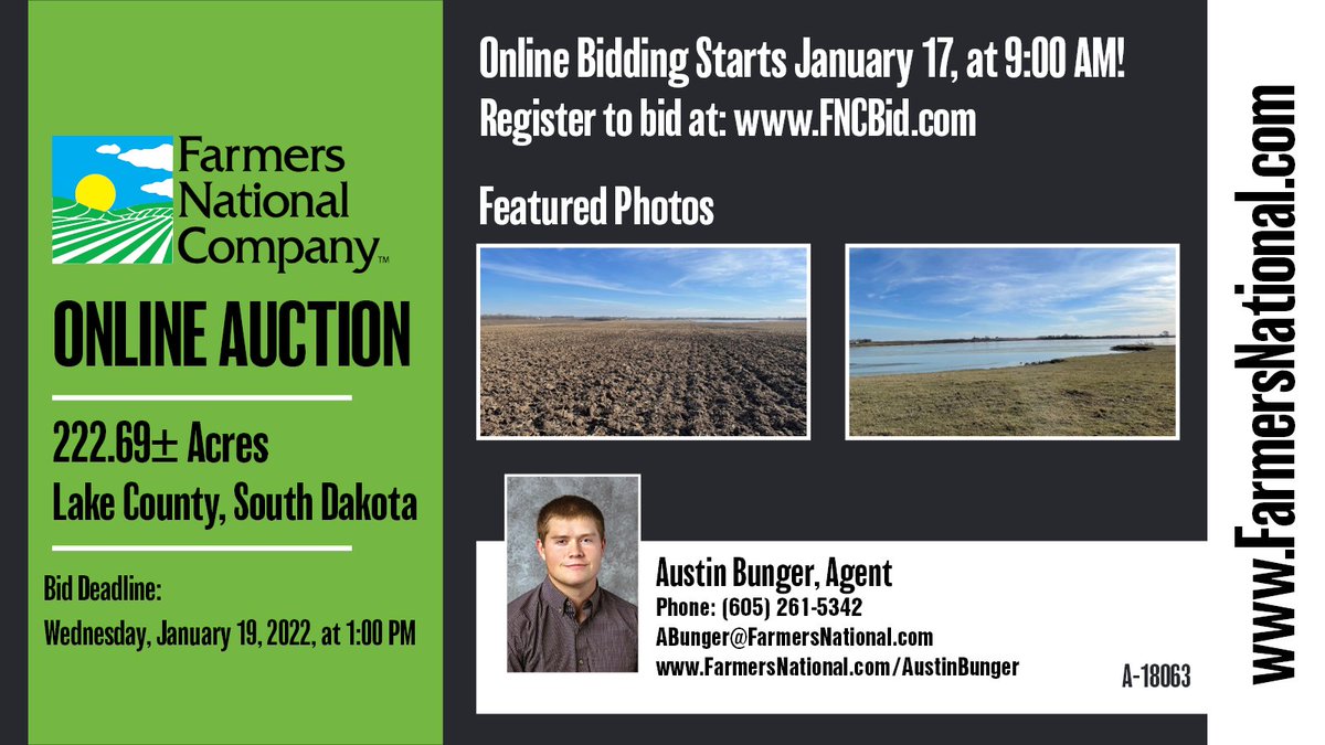 Land For Sale!
222.69 taxable acres of prime Lake County, South Dakota farmland. The #cropland lays very nice, the property looks excellent, and the #pasture is located adjacent to scenic Lake Badus.
bit.ly/A-18063
#FNCRealEstate #FNCLand #RealEstate #ForSale #land