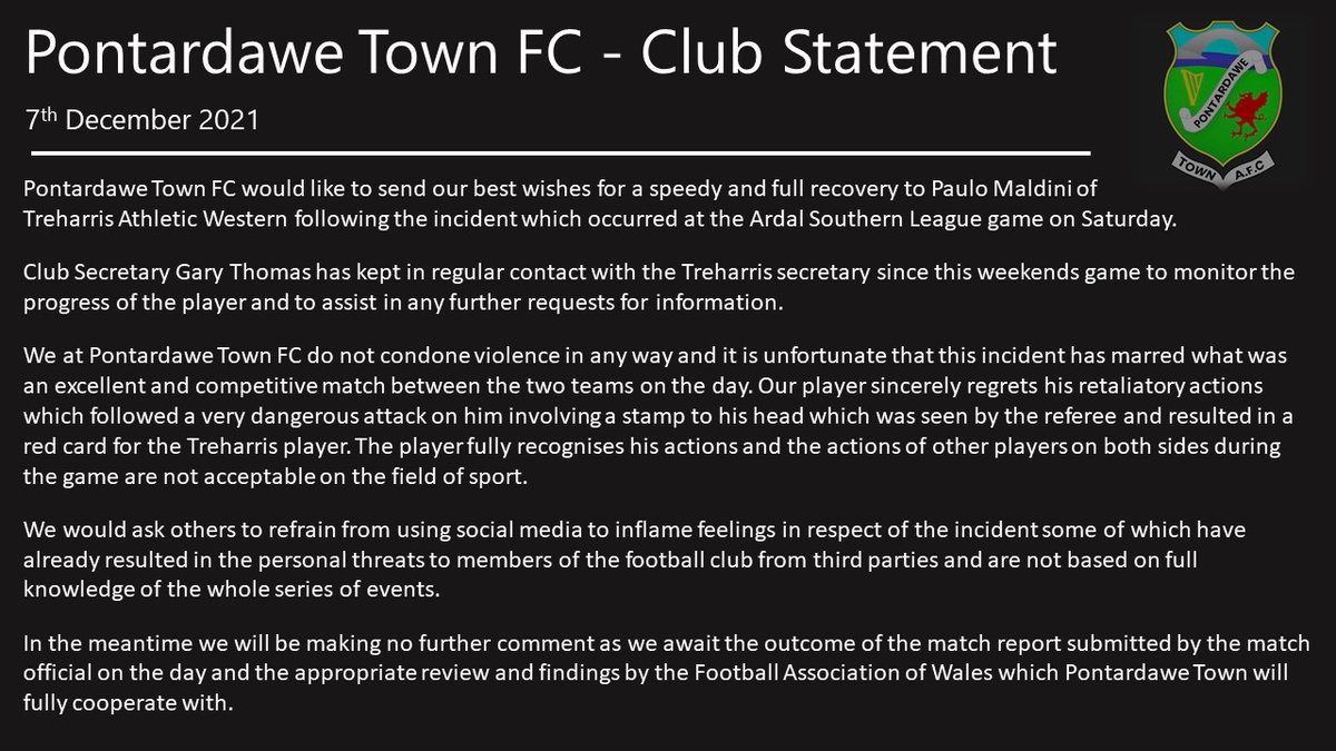 PontardaweTown's tweet photo. Pontardawe Town FC - Club Statement https://t.co/Tf1hZ0dQaa