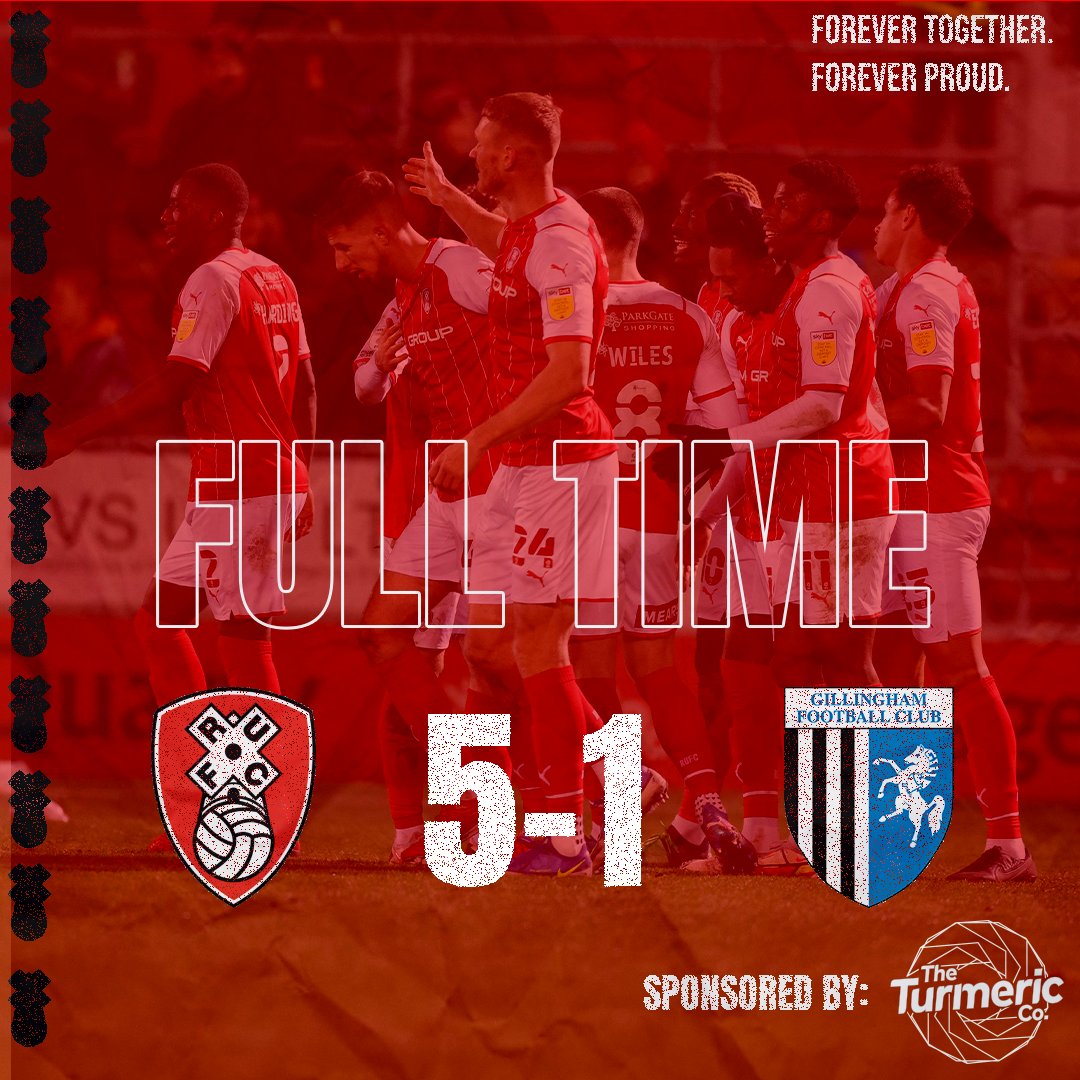 RotherhamUnited's tweet photo. FT | Rotherham 5 v 1 Gillingham

Barlaser (2) and Ogbene add to first half strikes from Ladapo and Miller as the Millers come from behind to make it 19 unbeaten in all competitions! 

#rufc | #ForeverTogetherForeverProud https://t.co/HLdKFJZ0wS