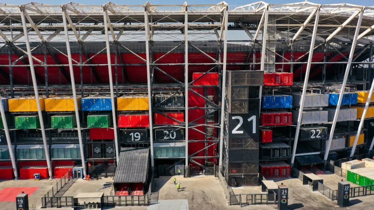 SafranLaw's tweet photo. Stadium 974, a 40,000-capacity venue designed by Spanish architect Fenwick Iribarren Architects and built from recycled shipping containers and modular steel has been completed in Doha ahead of the 2022 World Cup. https://t.co/NzF0uxrByd https://t.co/cuiQFU2m3H