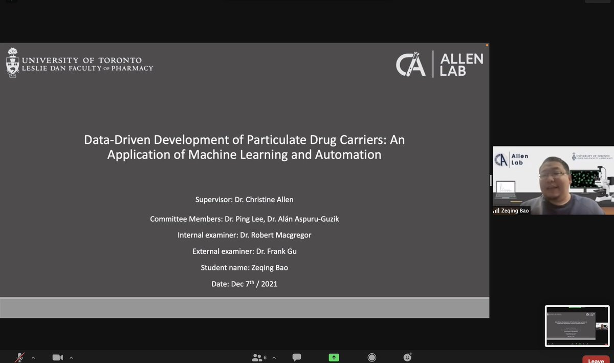ChristineAllenW's tweet photo. Super proud of @AllenResearch graduate student Zeqing Bao for the fantastic job he did today in his qualifying exam. It brings me so much joy to see students excel. Thanks to my colleagues for serving on the committee. @UofTPharmacy https://t.co/cD8FKbDrpw