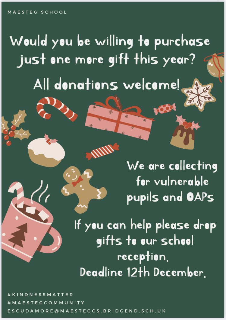 MrsScudaPEWell's tweet image. As a school we have always tried to emphasis the most important gift of all giving to others! We can’t invite our vulnerable pupils or OAPs to our school this year! Although we will be delivering gifts! Would you like to help? #KindnessMatters #MaestegCommunity @MaestegSchool