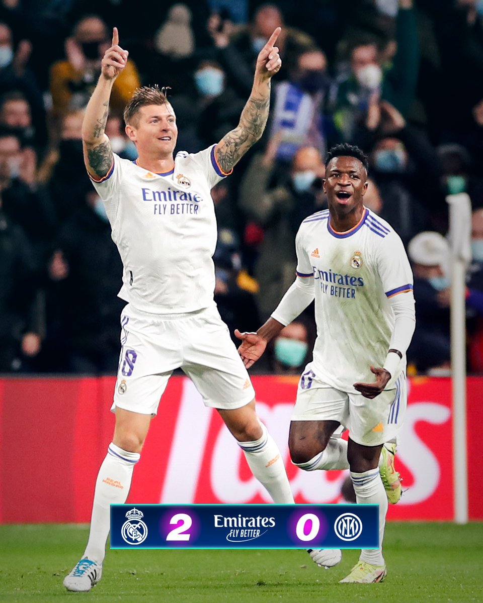 realmadrid's tweet photo. 🏁 FP: @realmadrid 2-0 @Inter
⚽ @ToniKroos 17', @marcoasensio10 79'
#Emirates | #UCL https://t.co/3kZhL5ympe