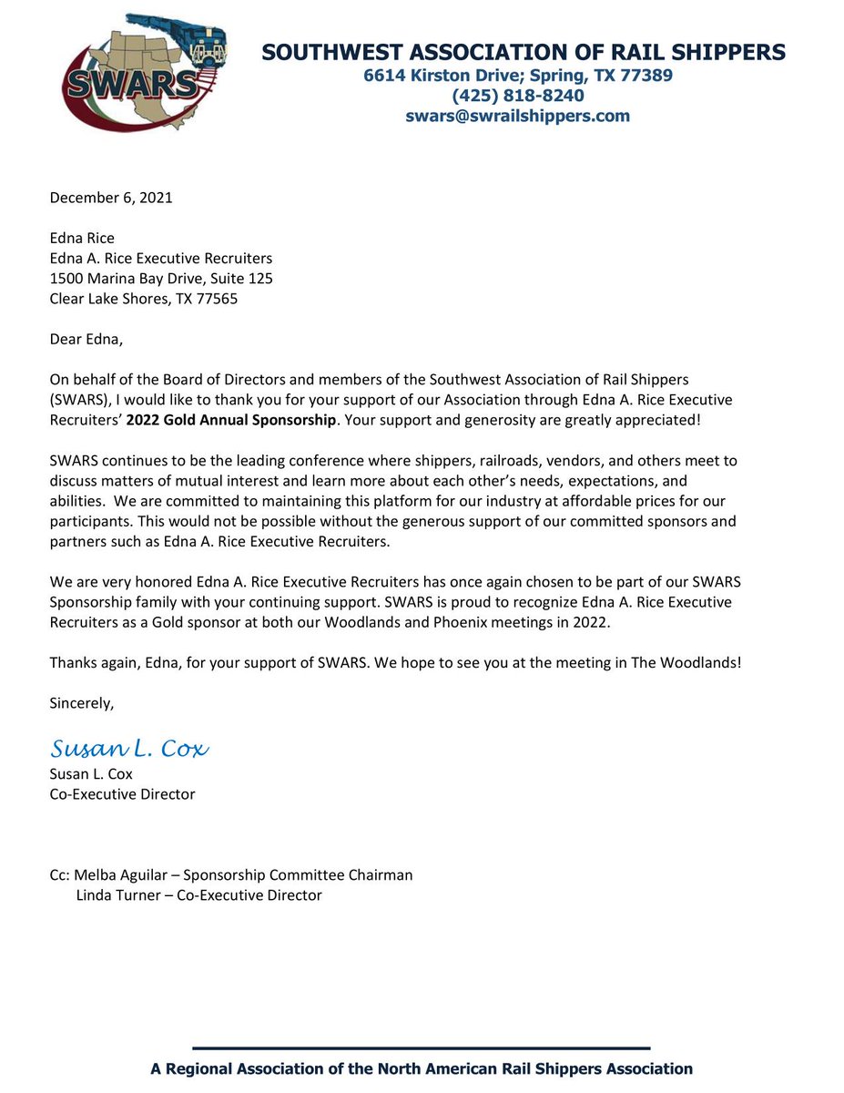 Thank you to SWARS for your kind letter