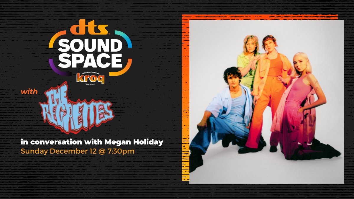 dts's tweet photo. Our last #DTSSoundSpace at @kroq show of 2021 is coming up with the one-and-only @regrettesband! Tune-in Dec. 12th at 7:30pm PT for their exclusive performance and interview: https://t.co/jbH2wnHzG0 https://t.co/iskASFHZZQ