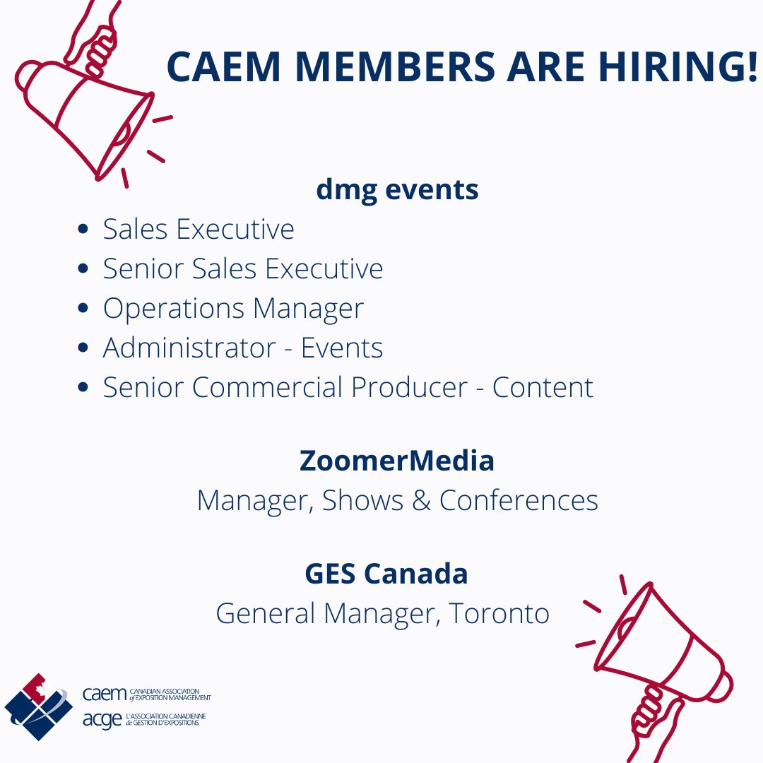 Have you checked out CAEM's Career page lately?  There are several new job opportunites recently posted.  Visit the #caemevents Careers page to learn more caem.ca/careers-temp/
#caemevents #jobopportunities #careers #exhibitionsmeanbusiness