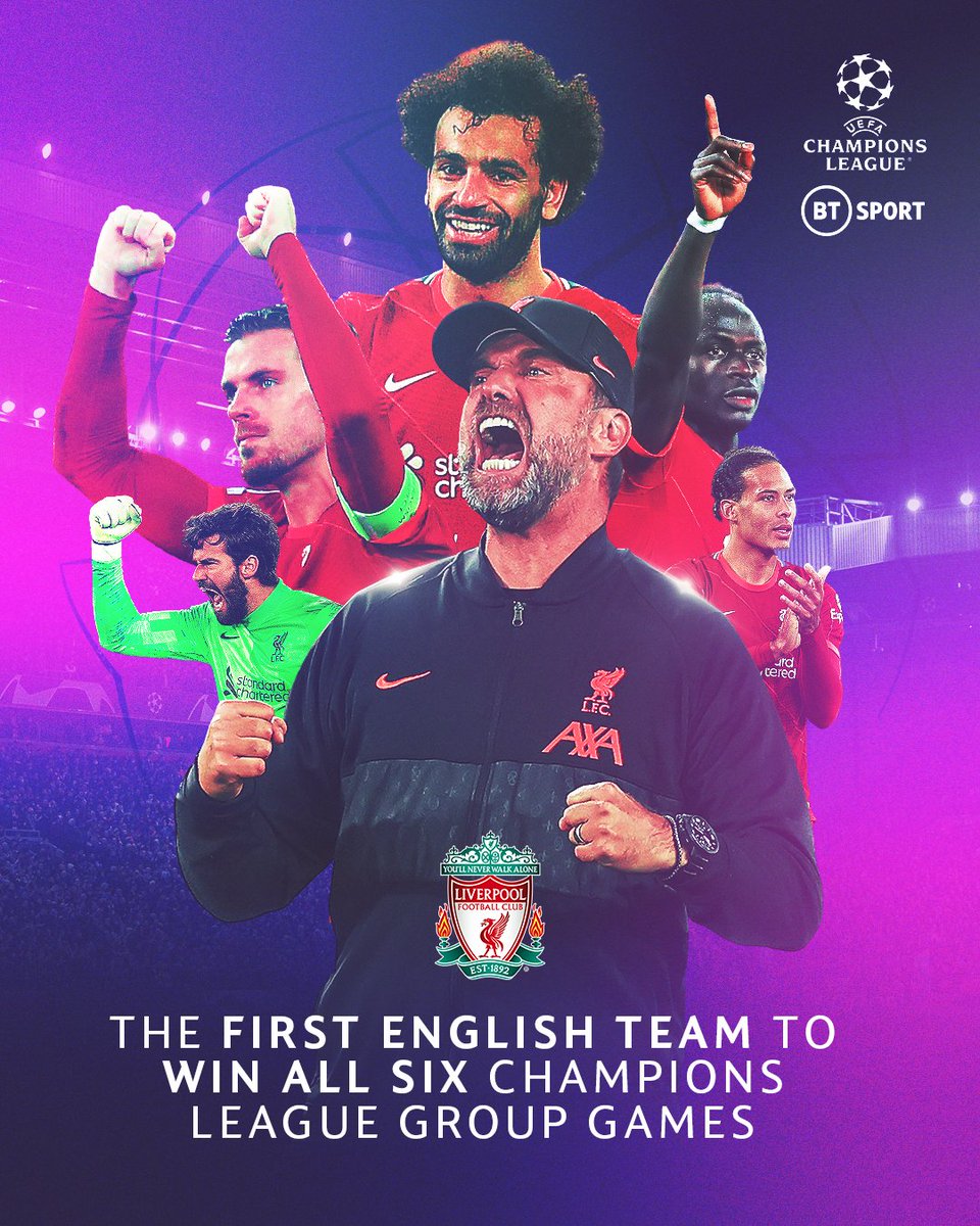 footballontnt's tweet photo. History makers 🤩

Liverpool are the first English team to win all their #UCL group games! 👏👏👏 https://t.co/BeWwhSS6tF