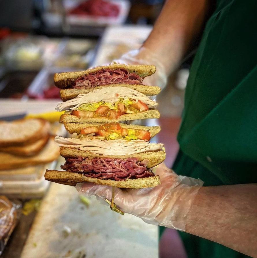 MurphysPVD's tweet photo. What better way to kick-off the @lfc Game than with the Murphy's Club! Pastrami, turkey, lettuce, and tomato on seedless rye. Down this stacked up sandwich with a cold one! #rhodyeats #rhodyfoody #wickedrhody #littlerhody https://t.co/C1IWG5lgU7