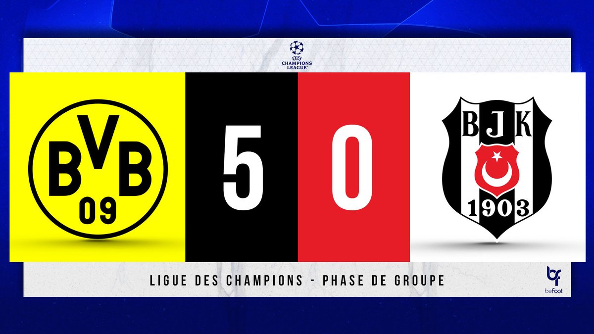 _BeFootball's tweet photo. ⏱ TERMINÉ !
DORTMUND 🇩🇪 5-0 🇹🇷 BESIKTAS
Victoire écrasante du BVB à domicile.
⚽️ '29 : Malen
⚽️ '45+2 : Reus
⚽️ '53 : Reus
⚽️ '68 : Haaland
⚽️ '81 : Haaland
#UCL | #BVBFC https://t.co/r6qVyePYUw