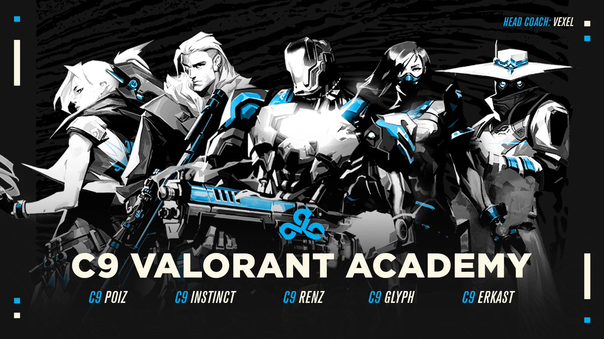 Cloud9 announces our Valorant Academy roster with Poiz, Instinct, Renz, Glyph, Erkast, and Head Coach Vexel. Welcome!