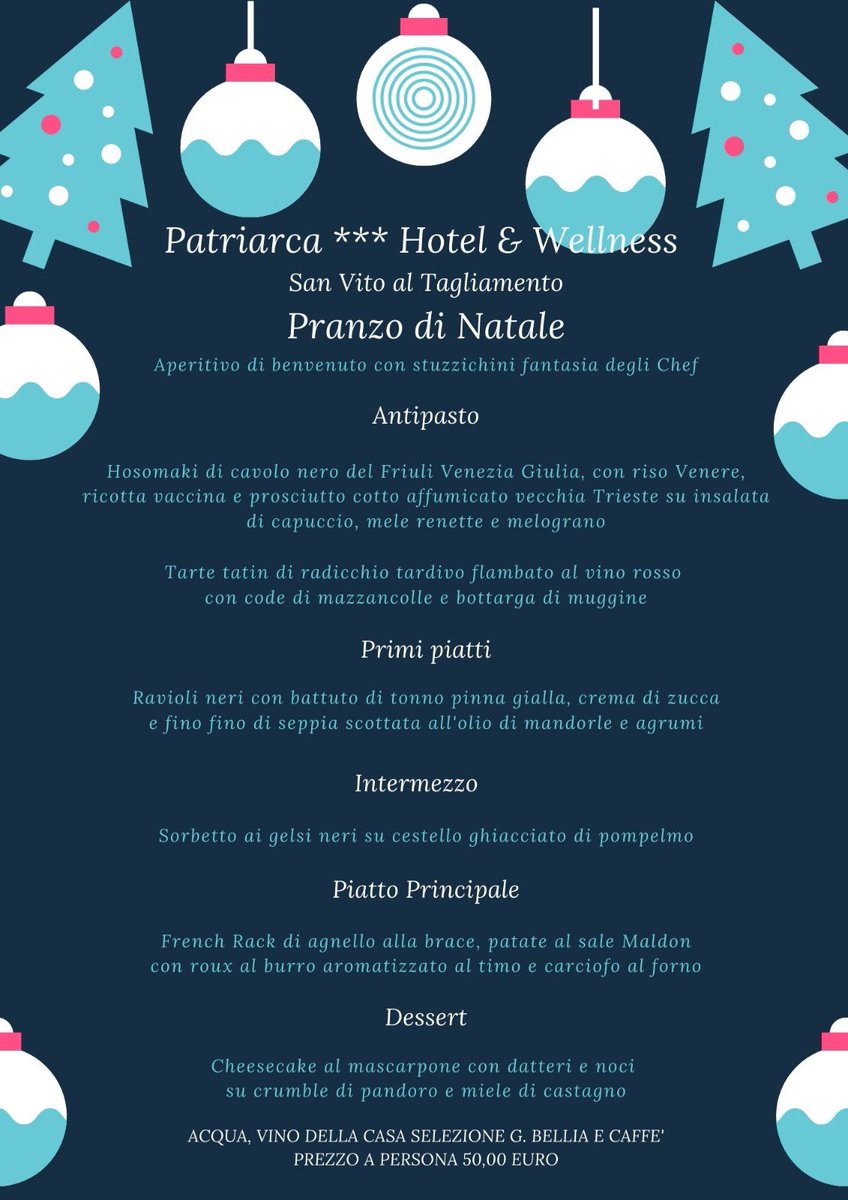 PatriarcaSanVit's tweet photo. Appena uscito il nostro #menuNatale ! Innovazione, tradizione, creatività è un pizzico di sana originalità! Pochissimi posti disponibili! Prenotate subito allo 0434875555! #Natale2021 #patriarcahotelandwellness https://t.co/AnTxC9GiD8