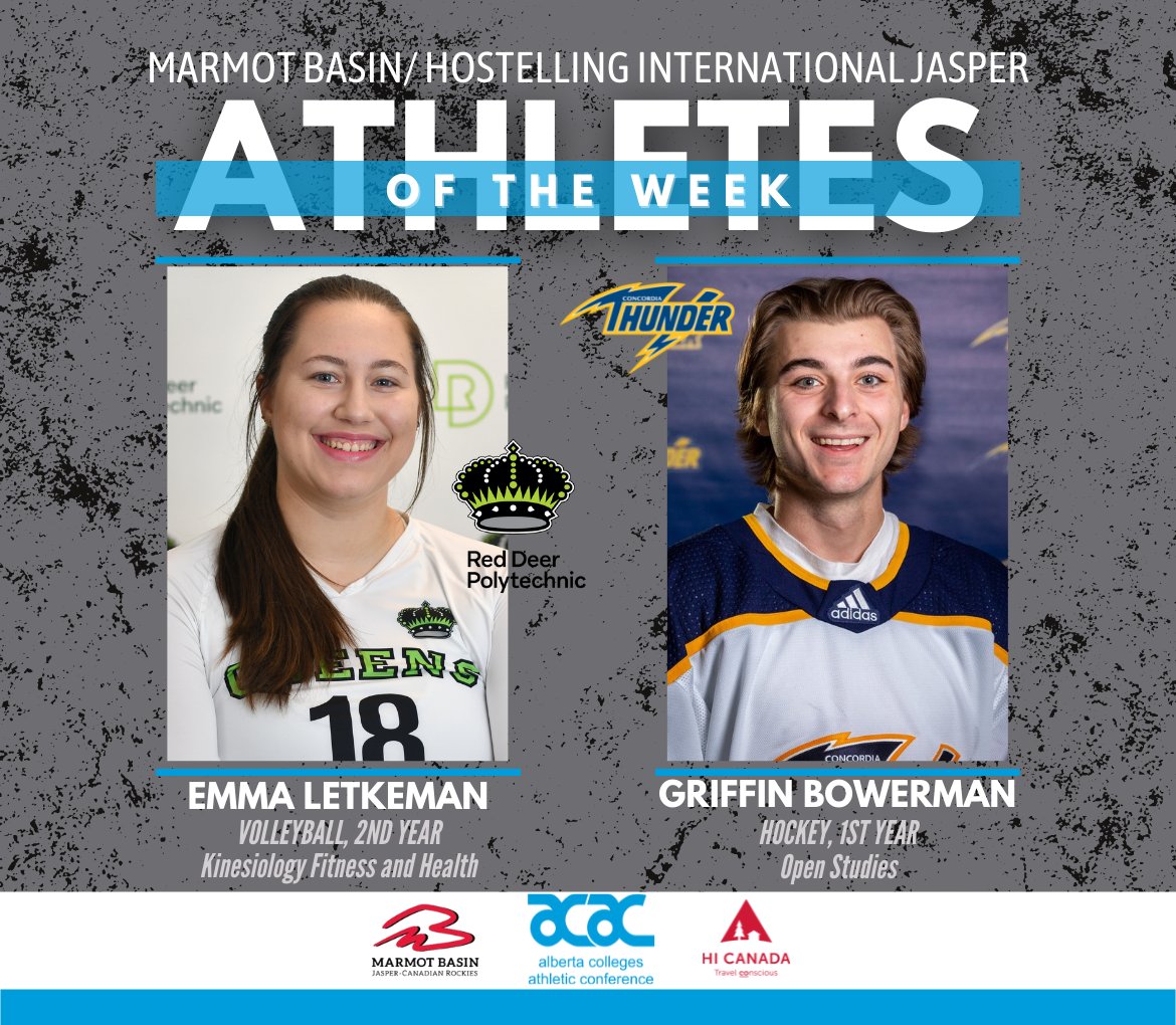 Congratulations to Emma Letkeman, <a href="/RDP_Athletics/">Red Deer Polytechnic Athletics</a>
 and Griffin Bowerman, <a href="/CUE_Athletics/">Concordia Athletics</a> on being chosen as ACAC Marmot Basin/Hostelling International Jasper Athletes of the Week! 

Honorable mentions to Maitlynn Wilde (STMU) and Nathan Bowie (UAA)

<a href="/hicanadahostels/">hicanadahostels</a>
 
<a href="/MarmotBasin/">Marmot Basin</a>
