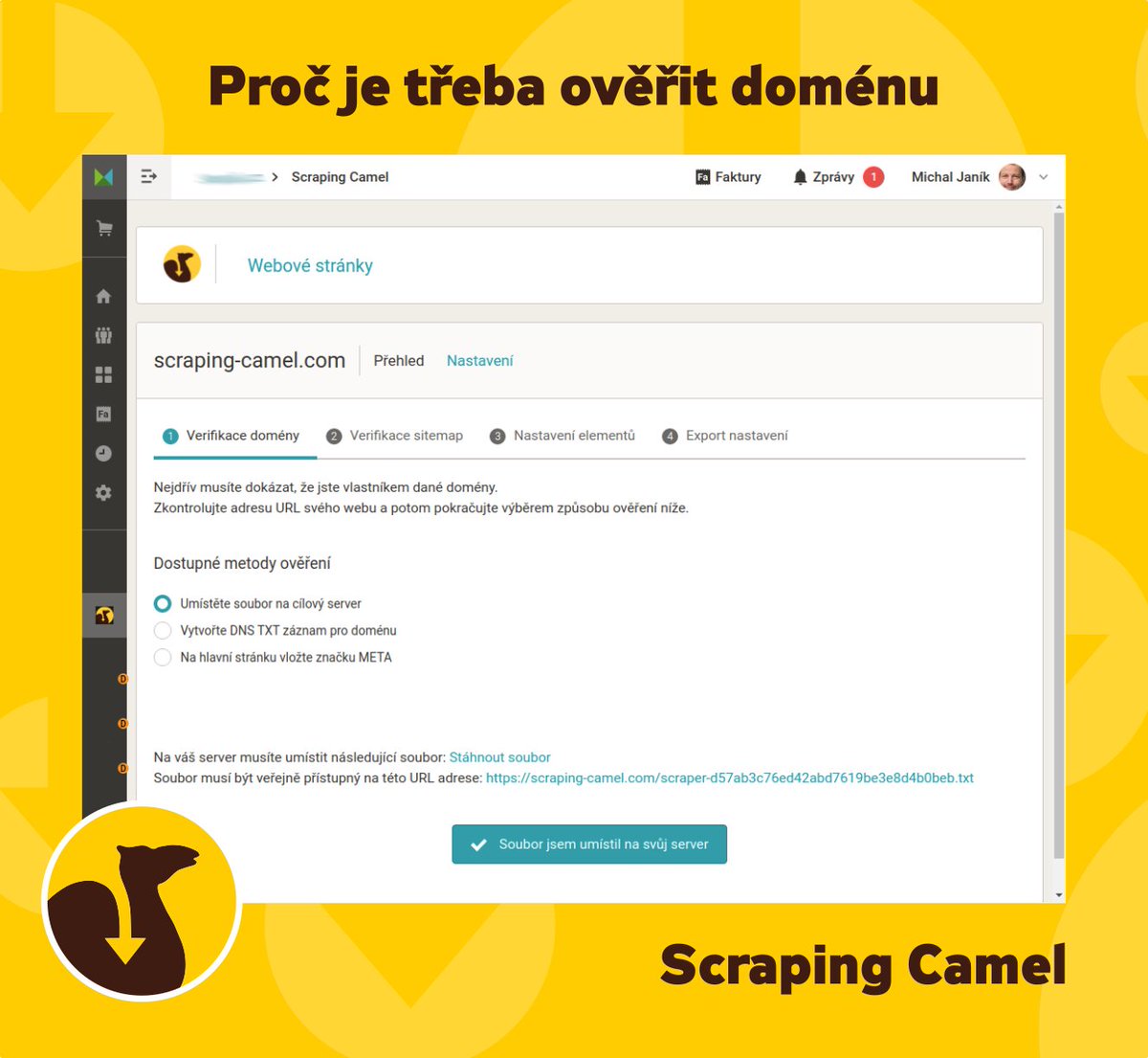 🐫Proč je potřeba ověřit doménu pro zpracování webu aplikací Scraping Camel?
Protože je určena pro zpracování Vašeho webu. Nikoliv pro vytěžování cizích - např. konkurence.
Podrobněji na fóru:
forum.mergado.cz/t/proc-je-treb…