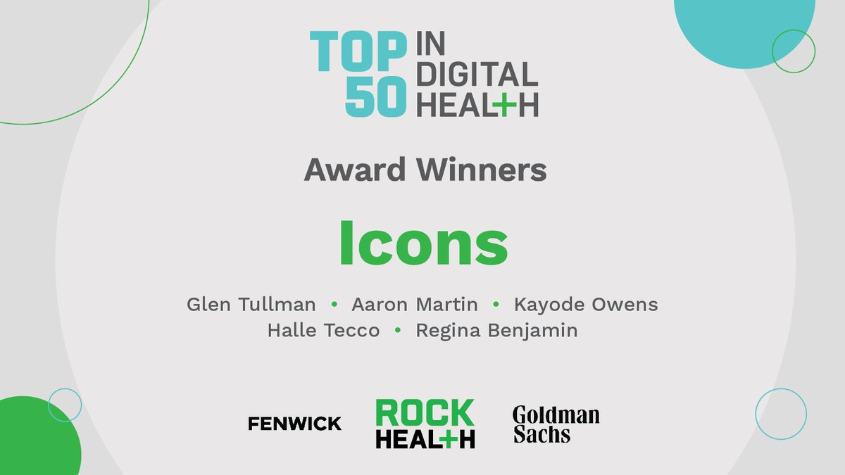Rock_Health's tweet photo. Congrats to our Top 50: Icons—prominent leaders who have continued to drive digital health forward over time! @GlenTullman, @aaronmartinfc, @halletecco & @reginabenjamin
+ special recognition in memory of Kayode Owens, @unseencapital
#Top50inDigitalHealth #10YearsofTop50 https://t.co/2cM8FNzSMo