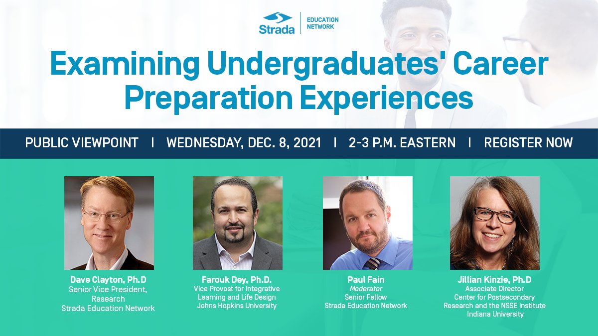 stradaeducation's tweet photo. Tomorrow: Join Strada researchers and guest panelists @faroukdey and @JillianKinzie to learn more about recent survey data showing how students experience the skills development and confidence-building they need to be successful in their career. Register: https://t.co/H4yTDZMGk8 https://t.co/fcPFYScZki