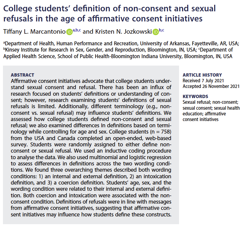 TheIASR's tweet photo. Students had complex definitions of #nonconsent & #refusals including #nonverbal & #verbal cues, internal feelings, #coercion, & #intoxication. Definitions should be included in #consent programming.
@tiffmarcantonio @KNJozkowski
https://t.co/I2oUXbQdV8 https://t.co/bOjmaF0Ax2