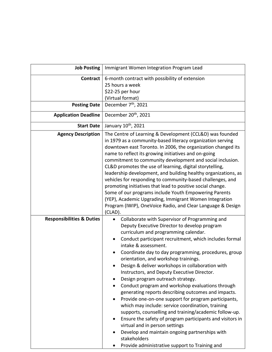 torontocld's tweet photo. We are looking for Immigrant Women Integration Program Lead! This is a virtual position. All applicants must live in the GTA.

Deadline: Dec 20th, 2021 

To apply, email resume &amp; cover letter to Karen Villanueva at Karen@tccld.org with the subject "IWIP Lead Application" https://t.co/3oGQbOYYC4